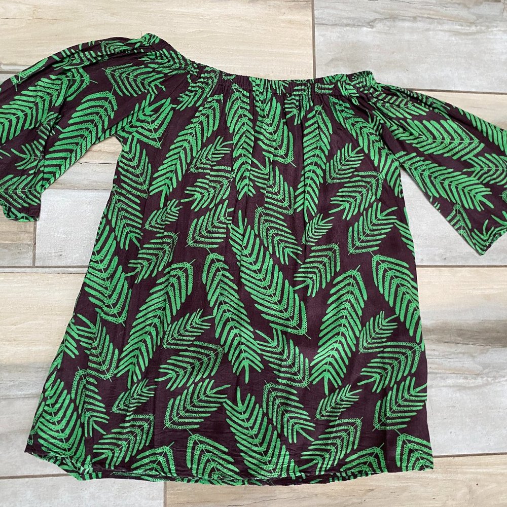 Hula Bay Off the Shoulder Fern Hawaiian Print Long Top/ Tunic WORN TWICE